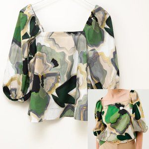 Marella Vaglio Blouse Balloon Sleeve Top Poplin Floral Abstract Shirt 40 New